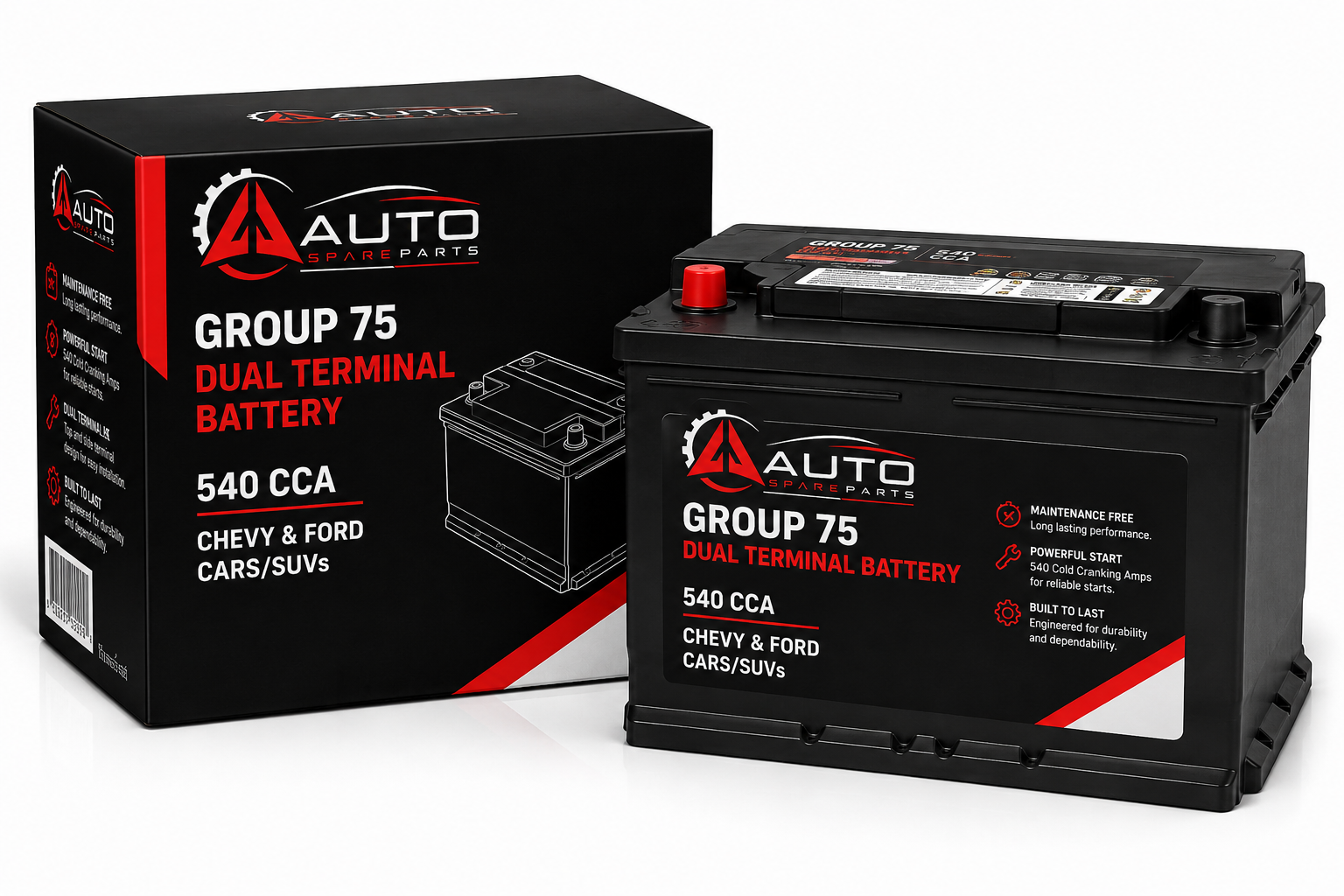 Group 75 Dual Terminal Battery — 540 CCA — Chevy & Ford Cars/SUVs